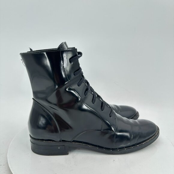 Freda Salvador Women Size 7.5 Black Patent Leather Plain Toe Lace Up Ankle Boot - Picture 4 of 11